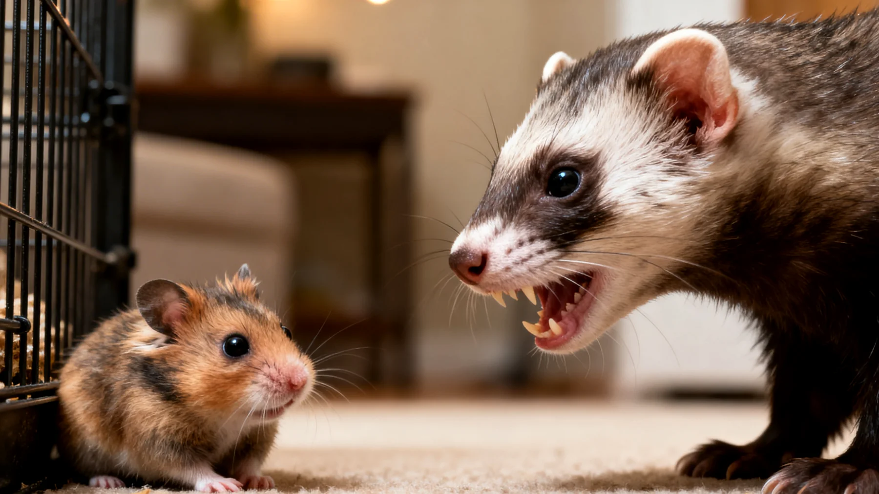 Frettchen zeigen oft aggressives oder dominantes Verhalten gegenüber anderen Haustieren und können durch ihr ausgeprägtes Raubtierinstinkt kleinere Tiere wie Nagetiere oder Vögel als Beute betrachten, was die sichere Integration in einen Mehrtierhaushallt erschwert"