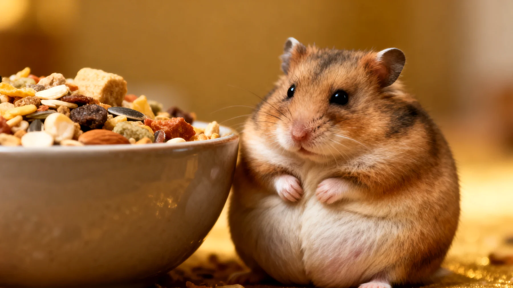 Junger Hamster frisst ungeeignetes Futter oder zu große Portionen, was zu Verdauungsproblemen, Durchfall oder Übergewicht führen kann, da die Ernährungsbedürfnisse im Wachstum besonders sensibel sind"