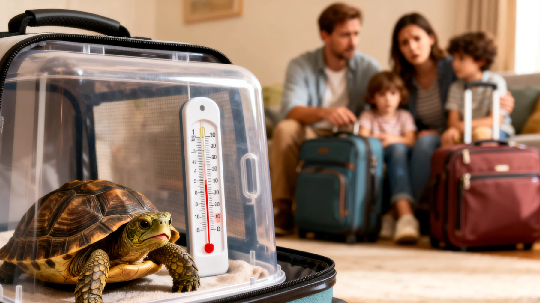 Schildkröten benötigen während einer Reise eine kontrollierte Temperatur und Luftfeuchtigkeit, was im Zusammenleben im Haus schwer aufrechtzuerhalten ist, besonders bei längeren Transporten"